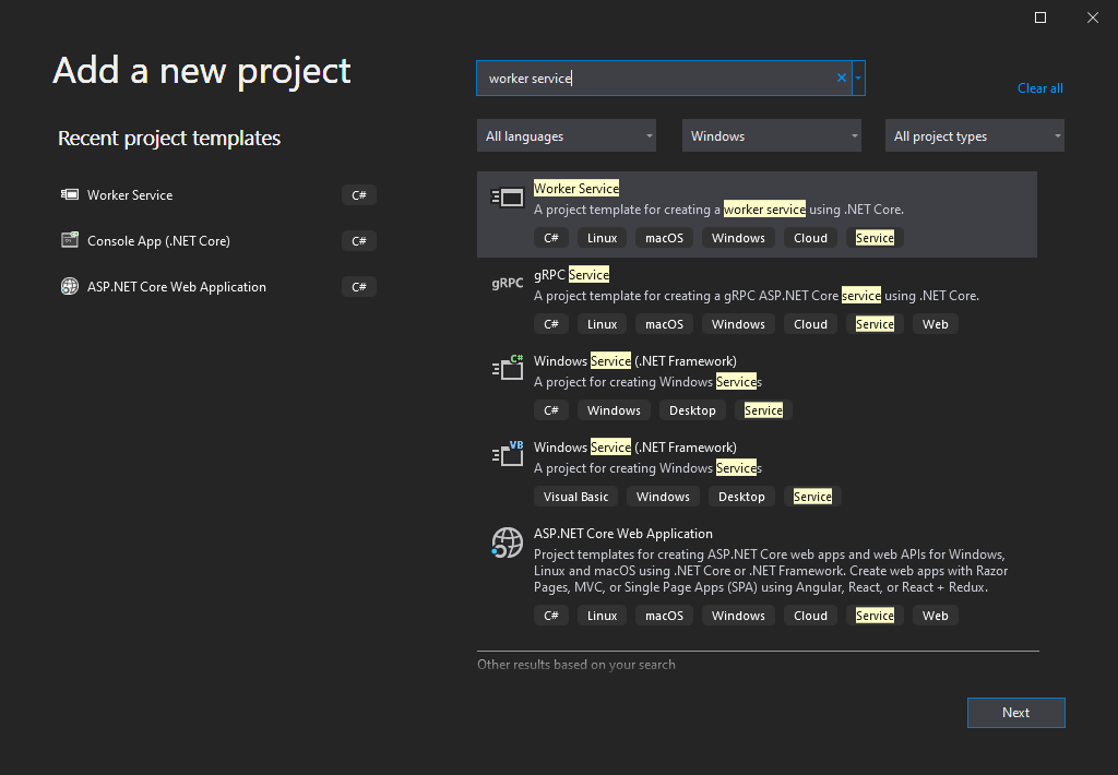 Worker Service from VS 2019 Worker Service